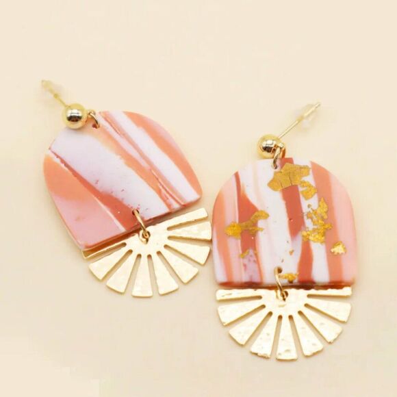 Cotton Candy Pink Marbled Gold Abstract Mixed Media Drop Earrings - Picture 4 of 6
